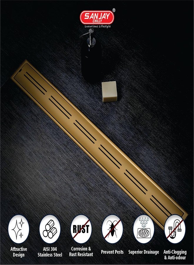 SANJAY CHILLY Arena Shower Channel Drainer Colour Collection SS Floor Drain Channel 304 Grade Cockroach Trap with Collar Luxurious Bathroom Gratings (Side Hole - Brushed Bronze - 24x4 INCH) - Image 5